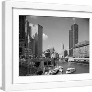 1960s Chicago, River from Michigan Avenue Sun Times Building on Right and Boats in River - White Framed Art Print Wall Art, 16x12
