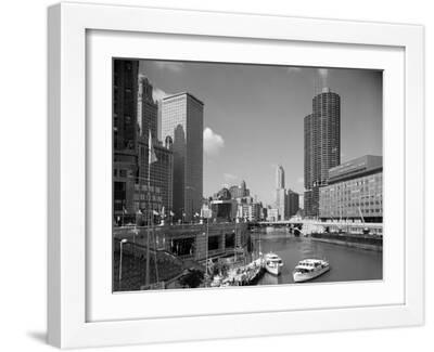 1960s Chicago, River from Michigan Avenue Sun Times Building on Right and Boats in River - White Framed Art Print Wall Art, 16x12