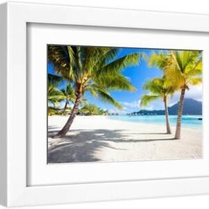 Beautiful Beach with a View of Otemanu Mountain on Bora Bora Island - White Framed Art Print Wall Art, 12x8