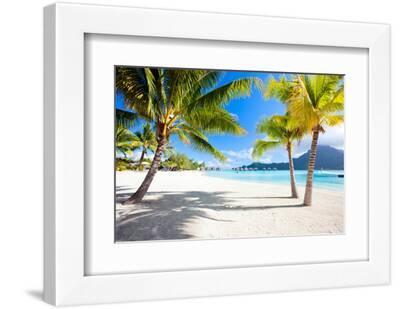Beautiful Beach with a View of Otemanu Mountain on Bora Bora Island - White Framed Art Print Wall Art, 12x8
