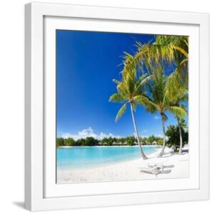 Beautiful Beach with Coconut Palms on Bora Bora Island in French Polynesia - White Framed Art Print Wall Art, 16x16