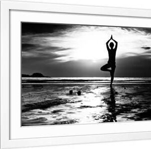 Black And White Picture: Young Woman Practicing Yoga On The Beach At Sunset - White Framed Art Print Wall Art, 24x16