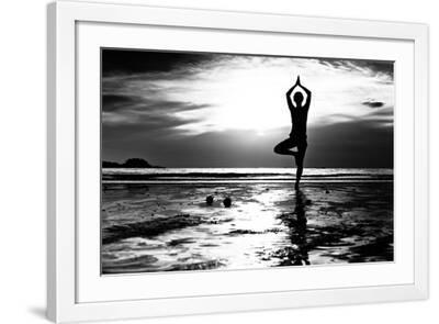 Black And White Picture: Young Woman Practicing Yoga On The Beach At Sunset - White Framed Art Print Wall Art, 24x16