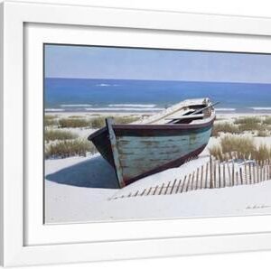 Blue Boat on Beach - White Framed Art Print Wall Art, 18x12