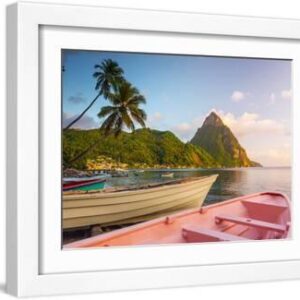 Caribbean, St Lucia, Soufriere Bay, Soufriere Beach and Petit Piton, Traditional Fishing Boats - White Framed Art Print Wall Art, 16x12