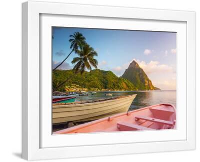 Caribbean, St Lucia, Soufriere Bay, Soufriere Beach and Petit Piton, Traditional Fishing Boats - White Framed Art Print Wall Art, 16x12