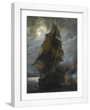 Combat naval entre le vaisseau français "le Triton" commandé par le comte de Ligondès et le - White Framed Art Print Wall Art, 12x16