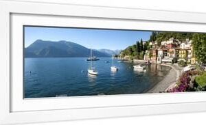 Early Evening View of Waterfront at Varenna, Lake Como, Lombardy, Italy - White Framed Art Print Wall Art, 24x8