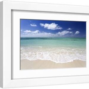 Idyllic Beach Scene with Blue Sky, Aquamarine Sea and Soft Sand, Ile Aux Cerfs - White Framed Art Print Wall Art, 12x8