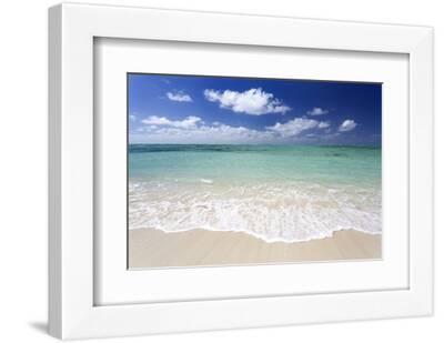 Idyllic Beach Scene with Blue Sky, Aquamarine Sea and Soft Sand, Ile Aux Cerfs - White Framed Art Print Wall Art, 12x8