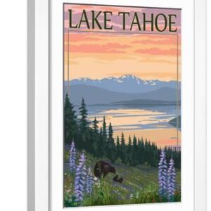 Lake Tahoe - Bear Family and Spring Flowers - White Framed Art Print Wall Art, 12x18