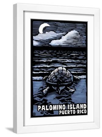 Palomino Island, Puerto Rico - Sea Turtle on Beach - Scratchboard - White Framed Art Print Wall Art, 12x18
