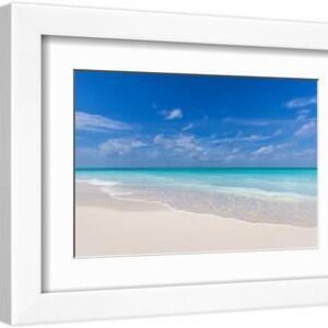 Paradise island beach. Tropical landscape of summer scenery, white sand, blue sea sky. Luxury trave - White Framed Art Print Wall Art, 12x8