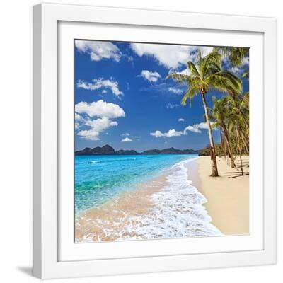 Paradise tropical beach with palm trees and clear sea - White Framed Art Print Wall Art, 16x16