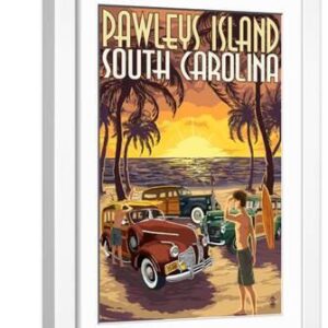 Pawleys Island, South Carolina - Woodies on Beach - White Framed Art Print Wall Art, 12x18