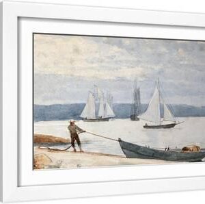 Pulling the Dory - White Framed Art Print Wall Art, 18x12