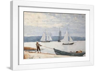 Pulling the Dory - White Framed Art Print Wall Art, 18x12