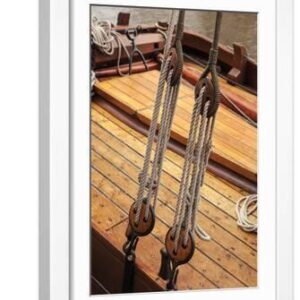 Ropes on boat anchored in Rotterdam, Netherlands - White Framed Art Print Wall Art, 12x18