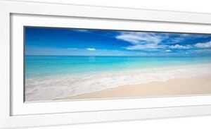 Sea wave on white sand beach sunny day. Stunning summer mood travel trip adventure view. Shore, coa - White Framed Art Print Wall Art, 24x8