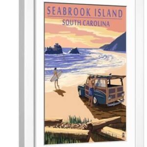 Seabrook Island, South Carolina - Woody on the Beach - White Framed Art Print Wall Art, 12x18