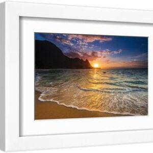 Sunset over the Na Pali Coast from Tunnels Beach, Haena State Park, Kauai, Hawaii, USA - White Framed Art Print Wall Art, 12x8