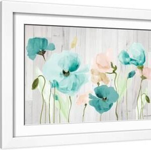 Teal Poppies on Wood - White Framed Art Print Wall Art, 18x12