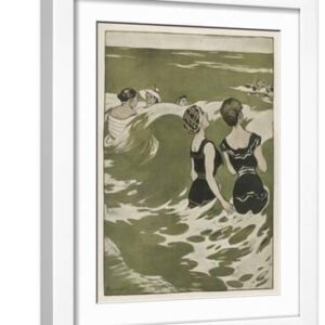 Two German Lady Bathers Watch Other Swimmers Playing in the Waves - White Framed Art Print Wall Art, 12x16