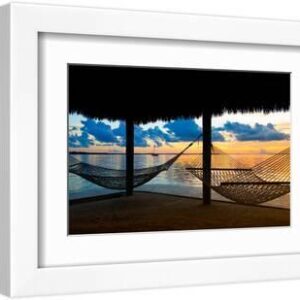 Two Hammocks at Sunset - View of Gulf of Mexico - Florida - USA - White Framed Art Print Wall Art, 12x8