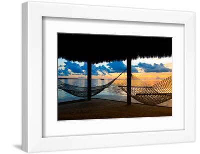 Two Hammocks at Sunset - View of Gulf of Mexico - Florida - USA - White Framed Art Print Wall Art, 12x8