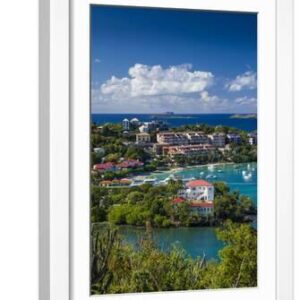 U.S. Virgin Islands, St. John. Cruz Bay, elevated town view with The Battery - White Framed Art Print Wall Art, 12x18