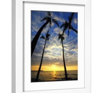 USA, Hawaii, Big Island. Sun setting on Anaehoomalu Bay. - White Framed Art Print Wall Art, 9x12
