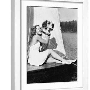 Woman and Dog on Sailboat - White Framed Art Print Wall Art, 12x16