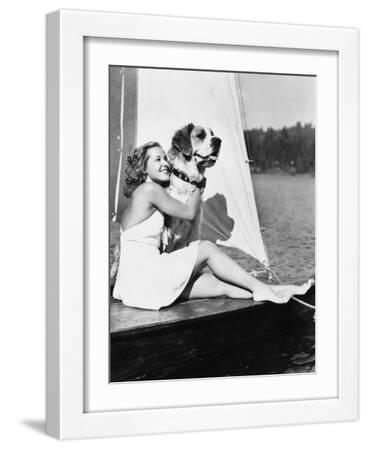 Woman and Dog on Sailboat - White Framed Art Print Wall Art, 12x16